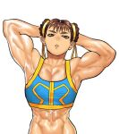  1girl abs adapted_costume arms_behind_head biceps blue_sports_bra brown_eyes brown_hair cessa chun-li flexing hair_ribbon looking_at_viewer muscular muscular_female navel parted_lips pose ribbon simple_background solo sports_bra street_fighter upper_body white_background yellow_ribbon 
