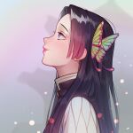  1girl black_hair butterfly_hair_ornament closed_mouth commentary english_commentary from_side gradient_hair hair_ornament highres kimetsu_no_yaiba kochou_kanae lavelis long_hair looking_up multicolored_hair pink_hair pink_lips profile smile solo upper_body violet_eyes 