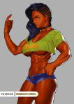  1girl black_choker black_hair blue_shorts breasts cessa choker cornrows cowboy_shot dark_skin dark-skinned_female english_commentary green_shirt grey_background hand_on_hip hand_up index_finger_raised laura_matsuda long_hair parted_lips profile shirt short_sleeves shorts simple_background solo street_fighter street_fighter_v under_boob watermark web_address 