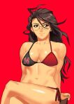  1girl absurdres bikini black_hair borrowed_character breasts cessa character_request crossed_legs glasses highres long_hair medium_breasts navel original red_background red_eyes simple_background sitting smile solo swimsuit 
