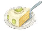  cake cake_slice dessert fajar_kurniawan food food_focus fruit highres icing lime_(fruit) lime_slice no_humans original pastry plate simple_background still_life white_background 