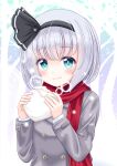  :t absurdres aqua_eyes arms_up bangs baozi bare_tree blush bob_cut bright_pupils coat commentary_request eyebrows_visible_through_hair food gradient gradient_background grey_coat hair_ribbon highres holding holding_food konpaku_youmu konpaku_youmu_(ghost) looking_at_viewer red_scarf reimei_(r758120518) ribbon scarf short_hair silver_hair snowing standing steam touhou tree upper_body white_pupils winter_clothes winter_coat 
