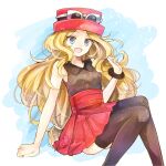  1girl arm_support blonde_hair bracelet brown_legwear commentary_request eyebrows_visible_through_hair eyewear_on_headwear grey_eyes hat highres jewelry long_hair open_mouth pleated_skirt pokemon pokemon_(game) pokemon_xy red_skirt serena_(pokemon) shirt skirt sleeveless sleeveless_shirt smile solo sunglasses thigh-highs tongue yomogi_(black-elf) 