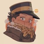  1boy alternate_costume blush brown_eyes brown_hair chibi close-up emoji face golden_kamuy hat imperial_japanese_army kepi knot kotta_(pesan102) male_focus military_hat scar scar_on_cheek scar_on_face scar_on_mouth scar_on_nose scarf short_hair simple_background solo spiky_hair sugimoto_saichi winter_clothes yellow_scarf 