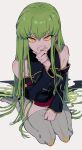  1girl bangs bare_shoulders belt boots breasts c.c. code_geass commentary detached_sleeves eyebrows_visible_through_hair eyelashes green_hair hair_between_eyes hand_on_own_face high_heels highres long_hair looking_at_viewer medium_breasts open_mouth seiza sitting solo thigh-highs thigh_boots urkt_10 very_long_hair yellow_eyes 