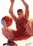  1boy absurdres ball basketball basketball_uniform commentary_request from_below grin highres jumping male_focus muscular nike redhead sakuragi_hanamichi shorts signature simple_background slam_dunk smile solo sportswear sweat white_background yj_nakayama 