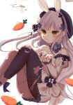  1girl absurdres animal_ears assault_rifle bangs bare_shoulders black_legwear blurry blurry_foreground blush breasts carrot detached_sleeves dress eyebrows_visible_through_hair floating floating_hair flower girls_frontline green_eyes grey_hair gun h&amp;k_hk416 hair_flower hair_ornament hairband hands_up hat highres hk416_(girls_frontline) long_hair long_sleeves looking_at_viewer open_mouth panties pantyhose parted_lips rabbit_ears rifle sidelocks simple_background small_breasts solo teardrop thigh-highs thighs torn_clothes torn_legwear underwear weapon white_background white_dress whitebc 