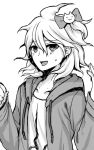  :d blush bow cat_hair_ornament collarbone commentary_request dangan_ronpa_(series) dangan_ronpa_2:_goodbye_despair greyscale hair_between_eyes hair_bow hair_ornament hood hood_down hooded_jacket jacket komaeda_nagito long_sleeves looking_at_viewer monochrome nico_(nico_alice) one_side_up open_clothes open_jacket open_mouth print_shirt shirt simple_background sketch smile solo sweatdrop upper_body upper_teeth white_background 