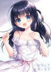 1girl :d bangs bare_shoulders black_hair blue_eyes blush character_request collarbone commentary_request copyright_name dress eyebrows_visible_through_hair hair_between_eyes hands_up highres idoly_pride kohinata_hoshimi long_hair looking_at_viewer off-shoulder_dress off_shoulder one_side_up open_mouth short_sleeves signature smile solo very_long_hair white_dress 