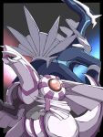  absurdres black_border black_sclera border claws closed_mouth colored_sclera commentary_request dialga gen_4_pokemon highres legendary_pokemon no_humans outside_border palkia pokemon pokemon_(creature) red_eyes shabana_may 