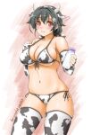  1girl akimoto_dai animal_ears animal_print artist_name bikini black_hair bottle breasts collarbone commentary_request cow_ears cow_horns cow_print cowboy_shot dated elbow_gloves fake_animal_ears fake_horns fingerless_gloves front-tie_top gloves hair_flaps highres horns jingei_(kantai_collection) kantai_collection large_breasts long_hair looking_at_viewer low_ponytail milk navel parted_lips red_eyes side-tie_bikini skindentation solo standing swimsuit thigh-highs white_bikini white_gloves white_legwear 