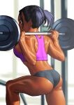  1girl arung_samudra_(cessa) ass black_hair blurry blurry_background cessa covered_mouth dark_skin dark-skinned_female english_commentary from_behind leg_up ombok_diving_and_delivery_services purple_sports_bra short_hair solo sports_bra twintails weightlifting 