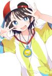  1girl black_hair blue_eyes blush collarbone eyebrows_visible_through_hair hands_up hat hololive ixy oozora_subaru shirt short_hair simple_background solo striped striped_shirt teeth tied_shirt vertical-striped_shirt vertical_stripes virtual_youtuber white_background 
