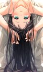  1girl black_hair blurry collarbone green_eyes highres long_hair looking_at_viewer lying on_back open_mouth original ouri_(aya_pine) solo upside-down 