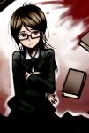  1girl alternate_costume bangs book book_hug brown_hair closed_mouth collared_shirt commentary_request dangan_ronpa:_trigger_happy_havoc dangan_ronpa_(series) formal frown fukawa_touko glasses highres holding holding_book jacket long_hair long_sleeves looking_at_viewer messy_hair mole mole_under_mouth necktie nico_(nico_alice) red_background school_uniform semi-rimless_eyewear shirt skirt solo under-rim_eyewear 