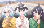  3girls alternate_costume black_hair blonde_hair blowhole blue_eyes blue_hair casual chi_cha_rigbo common_bottlenose_dolphin_(kemono_friends) common_dolphin_(kemono_friends) dolphin_fin dorsal_fin eyebrows_visible_through_hair food green_sweater hair_over_one_eye ice_cream ice_cream_cone kemono_friends multicolored_hair multiple_girls orca_(kemono_friends) short_hair sweater swimsuit two-tone_hair white_hair white_swimsuit yellow_eyes yellow_sweater 