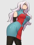  1girl android_21 checkered checkered_dress dragon_ball dragon_ball_fighterz dress earrings glasses grey_background hair_over_one_eye hoop_earrings jewelry kemachiku long_hair looking_at_viewer simple_background solo white_hair 
