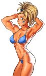  1girl abs armpits arms_behind_head arms_up bandaid bandaid_on_cheek biceps bikini blonde_hair blue_bikini blue_eyes captain_mizuki cessa commission highres looking_at_viewer muscular muscular_female one-punch_man simple_background smile solo swimsuit white_background 