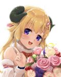  1girl animal_ears bangs blonde_hair bow commentary_request curled_horns detached_sleeves eyebrows_visible_through_hair flower fur-trimmed_sleeves fur_trim hair_ornament hairclip hand_up highres hololive horns index_finger_raised long_hair long_sleeves looking_at_viewer ohiensis pink_flower pink_rose red_bow rose sheep_ears sheep_girl sheep_horns simple_background solo tsunomaki_watame upper_body violet_eyes virtual_youtuber white_background white_flower white_sleeves 