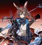  1girl amiya_(arknights) animal_ears arknights bangs black_jacket black_legwear blue_eyes blue_neckwear blue_skirt brown_hair closed_mouth clothes_writing commentary_request cowboy_shot cravat hair_between_eyes highres holding holding_sword holding_weapon ierotak infection_monitor_(arknights) jacket jewelry long_hair long_sleeves neck_ring open_clothes open_jacket pantyhose plaid plaid_skirt rabbit_ears sidelocks skirt solo sweater sword twitter_username weapon 