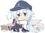  1girl :d anchor_symbol bag bangs black_headwear black_legwear black_sailor_collar black_skirt blue_eyes blue_hair blush box chibi commentary_request eyebrows_visible_through_hair flat_cap hair_between_eyes hat hibiki_(kantai_collection) hizuki_yayoi kantai_collection long_hair long_sleeves neckerchief open_mouth paper_bag pleated_skirt red_footwear red_neckwear sailor_collar school_uniform serafuku shirt shoe_soles shoes simple_background sitting skirt smile solo sparkle thigh-highs translation_request very_long_hair white_background white_shirt 