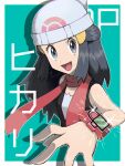  1girl :d beanie black_hair character_name commentary_request hikari_(pokemon) eyelashes floating_scarf green_background grey_eyes hair_ornament hairclip hat head_tilt jeri20 looking_at_viewer open_mouth pokemon pokemon_(game) pokemon_dppt poketch red_scarf scarf shirt sleeveless sleeveless_shirt smile solo sparkle tongue watch watch 