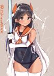  1girl absurdres adapted_costume ass_visible_through_thighs black_eyes black_hair black_swimsuit commentary_request covered_navel elbow_gloves gloves grey_background headgear highres i-400_(kantai_collection) kantai_collection long_hair magical_girl one-piece_tan orange_sailor_collar sailor_collar sailor_shirt sakura_ab school_swimsuit shirt side-tie_shirt simple_background sleeveless sleeveless_shirt solo swimsuit swimsuit_under_clothes sword tan tanline thigh-highs twitter_username weapon white_gloves white_legwear 