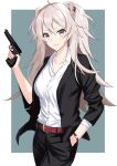  &gt;:) 1girl ahoge animal_ears bangs black_pants closed_mouth collarbone cowboy_shot dress_shirt ear_piercing eyelashes formal green_eyes green_hair gun hair_between_eyes hand_in_pocket handgun holding holding_gun holding_weapon hololive ichikami_taiyou lion_girl long_hair long_sleeves looking_at_viewer pants piercing pistol shirt shishiro_botan silver_hair sleeves_rolled_up smile solo suit two_side_up virtual_youtuber weapon white_shirt 