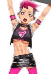  1girl abs arms_up black_collar black_skirt breasts cessa collar crop_top ear_piercing earrings jewelry muscular muscular_female navel npc_trainer open_mouth piercing pink_eyes pink_hair pink_legwear pokemon pokemon_(game) pokemon_swsh short_hair simple_background skirt solo team_yell team_yell_grunt thigh-highs torn_clothes torn_skirt under_boob undercut vest white_background 