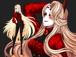  1girl alternate_costume big_hair blonde_hair breasts charlie_magne cneko-chan colored_sclera demon demon_girl demon_horns eyebrows_visible_through_hair eyes_visible_through_hair hazbin_hotel hell horns jacket long_hair looking_at_viewer one_eye_covered pale_skin queen red_fur red_horns red_sclera tuxedo yellow_eyes 