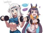  2girls black_shorts blue_eyes blush bright_pupils cowboy_shot dumbbell english_text gawr_gura highres hololive hololive_english long_hair looking_at_viewer midriff multiple_girls navel ninomae_ina&#039;nis open_mouth pointy_ears sharp_teeth sho-n-d shorts simple_background smile speech_bubble sports_bra tank_top teeth very_long_hair weightlifting white_background white_hair white_pupils white_tank_top 