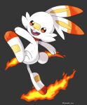  animal_focus artist_name buck_teeth commentary fire full_body gen_8_pokemon grey_background happy highres jumping kicking leg_up no_humans open_mouth pokemon pokemon_(creature) red_eyes rorosuke scorbunny simple_background smile solo twitter_username 