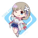  &gt;_o 1girl ;q bangs blue_background blue_eyes blue_skirt blush boots brown_hair camisole character_name chibi closed_mouth commentary_request eyebrows_visible_through_hair flower hair_flower hair_ornament hand_up jacket kneehighs langbazi layered_skirt long_sleeves looking_at_viewer love_live!_superstar!! off_shoulder one_eye_closed open_clothes open_jacket pleated_skirt skirt smile solo tang_keke tongue tongue_out two-tone_background white_background white_camisole white_flower white_footwear white_jacket 