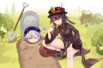  2girls 401-bxy =_= absurdres brown_hair commentary_request genshin_impact graveyard grin hair_between_eyes highres hu_tao long_hair looking_at_viewer meme multiple_girls purple_hair qiqi red_eyes short_hair shovel sitting smile tombstone v 