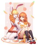  2girls :d animal_ears ass bangs black_legwear blonde_hair bottle braid breasts brown_skirt bunny_ears_prank bunny_tail carrot carrot_(one_piece) closed_eyes commentary_request food fruit furry happy highres jurrig kneehighs knees_up large_breasts long_hair long_sleeves looking_at_another miniskirt multiple_girls nami_(one_piece) one_piece open_mouth orange_hair orange_sweater plaid plaid_skirt rabbit_ears rabbit_girl red_footwear seiza shoes short_hair sitting skirt smile sweater tail white_footwear white_fur white_sweater 