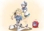  2girls abyssal_ship aqua_neckwear aqua_skirt beige_background black_ribbon blonde_hair blue_hair blue_sailor_collar blue_shirt breast_pocket breasts brown_eyes closed_eyes collared_shirt commentary_request dixie_cup_hat double_bun enemy_lifebuoy_(kantai_collection) full_body gambier_bay_(kantai_collection) gloves hairband hat hat_ribbon head_wreath highres kantai_collection large_breasts little_blue_whale_(kantai_collection) long_sleeves military_hat miniskirt multicolored multicolored_clothes multicolored_gloves multiple_girls neckerchief pleated_skirt pocket ribbon sailor_collar samuel_b._roberts_(kantai_collection) school_uniform serafuku shirt short_hair simple_background skirt sleeve_cuffs thigh-highs tiger_(tiger-kimu) twintails whale white_headwear white_legwear white_shirt 