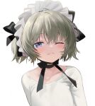  1girl bangs black_bow black_choker blue_eyes blush bow choker closed_mouth collarbone commentary_request eyebrows_visible_through_hair grey_hair hair_between_eyes highres looking_at_viewer one_eye_closed original seicoh shirt short_hair simple_background solo upper_body white_background white_shirt 
