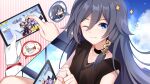  1girl bangs benghuai_xueyuan blue_eyes choker closed_mouth clouds eyebrows_visible_through_hair fu_hua gloves gou_lianlian_dogface hair_between_eyes hair_ornament highres holding honkai_(series) honkai_impact_3rd long_hair looking_at_viewer one_eye_closed phone phone_screen playing playing_games sidelocks single_glove sky star_(symbol) white_gloves 