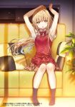  1girl apron arms_up bangs barefoot blonde_hair blush brown_eyes closed_mouth couch hanekoto highres indoors leaf long_hair looking_at_viewer original pillow plant red_skirt shirt short_sleeves sitting skirt solo white_shirt 