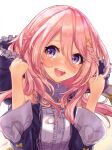  1girl blue_cardigan blue_eyes bow cardigan fensi flower hair_bow hair_ornament hood lamb long_hair looking_at_viewer muzi_folder open_mouth pink_flower pink_hair sephira_su smile virtual_youtuber x_hair_ornament 