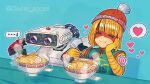  1girl arms_(game) bangs beanie blonde_hair chinese_clothes domino_mask facepaint family_computer_robot food hat knit_hat mask min_min_(arms) noodles short_hair smile super_smash_bros. yasaikakiage 