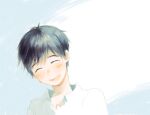  1boy ^_^ arms_at_sides backlighting black_hair close-up closed_eyes collared_shirt eyelashes face facing_viewer hair_between_eyes happy head_tilt ima_(minitomato123) katsuki_yuuri laughing light light_blue_background light_blush male_focus shirt simple_background smile tareme two-tone_background white_background white_shirt white_theme yuri!!!_on_ice 