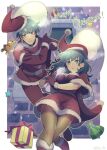  ! 1boy 1girl bag blue_hair boots bow breasts byleth_(fire_emblem) byleth_eisner_(female) byleth_eisner_(male) christmas commentary_request eyebrows_visible_through_hair feet_out_of_frame fire_emblem fire_emblem:_three_houses gift gloves hair_between_eyes hat holding holding_bag kasu_(96ks_3h) looking_at_viewer medium_breasts medium_hair merry_christmas pantyhose ribbon santa_boots santa_costume santa_dress santa_gloves santa_hat stuffed_animal stuffed_toy teddy_bear 