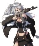 1girl adidas ahoge aiming ak-105 animal_ears artist_name assault_rifle breasts building commentary crane_(machine) crossover english_commentary escape_from_tarkov fur-trimmed_jacket fur_trim grey_eyes gun highres holding holding_gun holding_weapon hololive jacket jewelry large_breasts lion_ears lion_girl lion_tail long_hair magazine_(weapon) navel necklace one_eye_closed parody rifle shirt shishiro_botan silver_hair skyscraper solo ssgt-lulz tail virtual_youtuber weapon white_background 