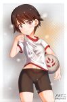  1girl aquaegg bike_shorts black_hair black_shorts blush border breasts brown_eyes closed_mouth eyebrows_visible_through_hair girls_und_panzer gym_shirt gym_uniform highres isobe_noriko looking_at_viewer navel shiny shiny_hair shiny_skin shirt short_hair shorts simple_background small_breasts smell smile solo standing sweat volleyball white_border white_shirt 