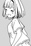  1girl :d ^_^ bangs blunt_bangs blush breasts closed_eyes commentary_request disconnected_mouth dot_nose facing_to_the_side from_side grey_background greyscale hairband happy highres hitoribocchi_no_marumaru_seikatsu katsuwo_(cr66g) kurai_kako monochrome open_mouth shirt short_hair short_sleeves shorts simple_background small_breasts smile solo upper_body 