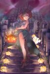  1girl anklet barefoot brown_hair commentary_request elite_four floral_print from_below gen_6_pokemon hair_ornament holding jewelry kneepits lamp looking_at_viewer looking_back orange_mikan parted_lips phoebe_(pokemon) pokemon pokemon_(game) pokemon_rse pumpkaboo sarong short_hair stairs standing 