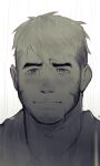  1boy blush crying crying_with_eyes_open face facial_hair frown greyscale highres hood hoodie looking_at_viewer male_focus monochrome original portrait powerlesssong rain short_hair sideburns solo stubble tears undercut wet wet_hair 