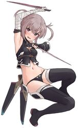  1girl arm_up armpits bandaged_arm bandages bangs bare_shoulders black_footwear black_gloves black_legwear black_panties black_shirt boots breasts brown_hair commentary_request cosplay crop_top dagger dual_wielding eyebrows_visible_through_hair fate/apocrypha fate_(series) fingerless_gloves full_body gloves hair_between_eyes holding holding_dagger holding_weapon jack_the_ripper_(fate/apocrypha) jack_the_ripper_(fate/apocrypha)_(cosplay) kopaka_(karda_nui) looking_at_viewer navel panties parted_lips sheath shichinosato_kofuki shirt simple_background single_glove sleeveless sleeveless_shirt small_breasts solo thigh-highs thigh_boots toji_no_miko twintails underwear unsheathed violet_eyes wavy_mouth weapon white_background 