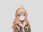  1girl ahoge bangs beige_background blonde_hair breasts ciiby circlet closed_mouth dilated_pupils fire_emblem fire_emblem_fates grey_eyes hands_up medium_breasts ophelia_(fire_emblem) portrait scared solo upper_body 